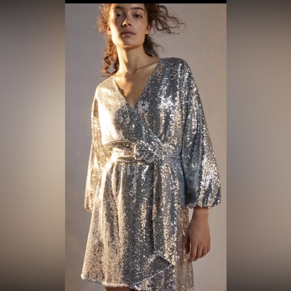NWOT Anthropologie Lisabette Sequin Dress Size Medium Silver Z561 - Picture 5 of 7